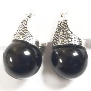 Vintage Sterling Silver Marcacite Earrings w/Facetted Onyx